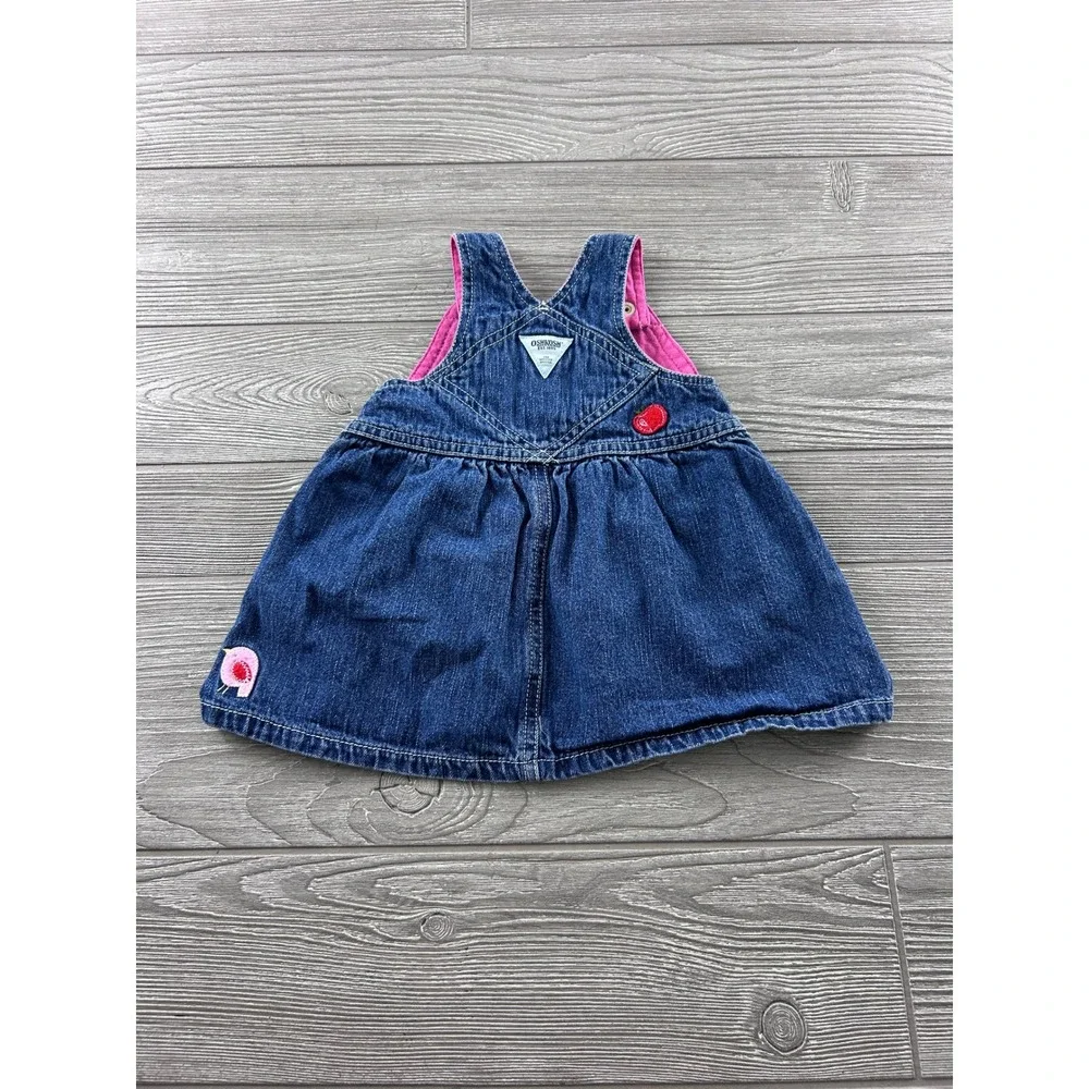 OshKosh Bgosh Baby Girls Denim Jumper Dress Embroidered Cat Apple Size 3-6M